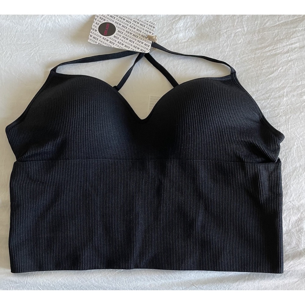 NWT New Mix Classic Ribbed Longline Sports Bra Crop Top Black M/L Strappy